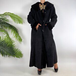 Womens Vintage Dana Buchman Black Suede Faux Fur Elegant Classy Full Long Coat